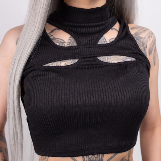 Black Techno / Rave Mock Neck Sleeveless Crop Top with Cutouts