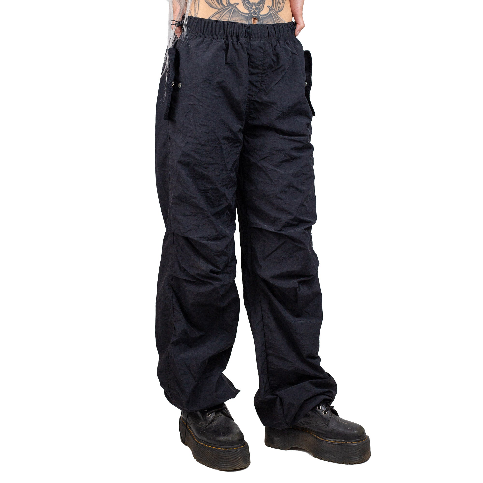 Black Y2K Techno Parachute Pants with Drawstring Hem 