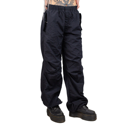 Black Y2K Techno Parachute Pants with Drawstring Hem 