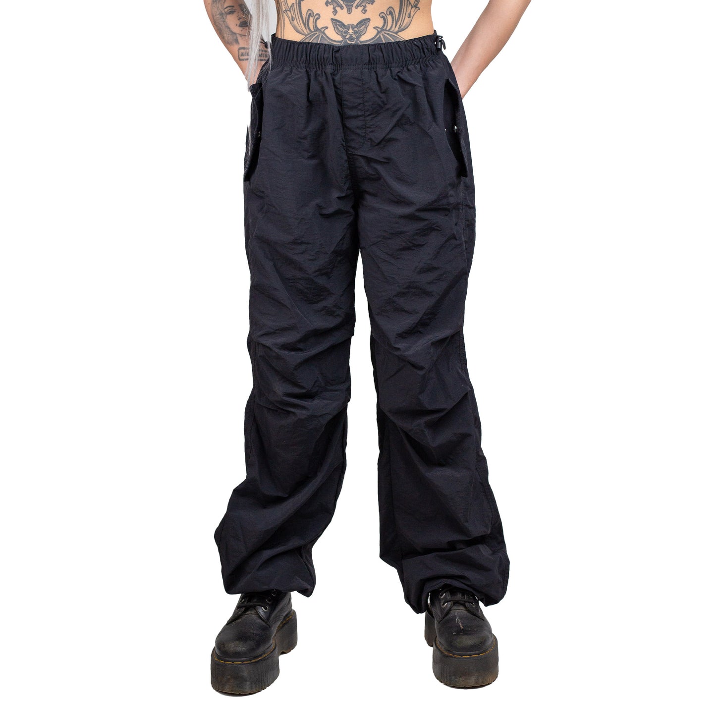 Black Y2K Techno Parachute Pants with Drawstring Hem