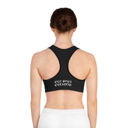 Black sports bra with text on the back worn by a person on a white background