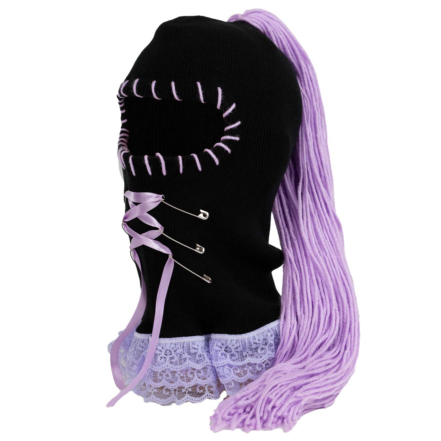 Black 1 hole womens ski mask with lavender ponytail