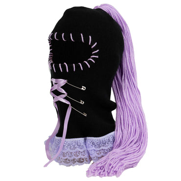 Black 1 hole womens ski mask with lavender ponytail