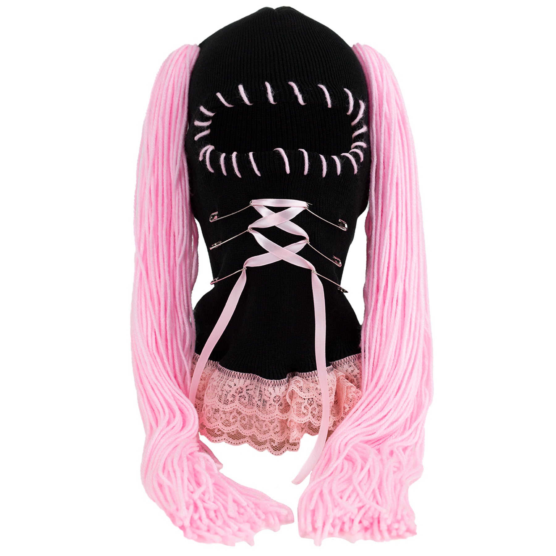 Black ski mask lace top with pink ribbons and pigtails on a white background