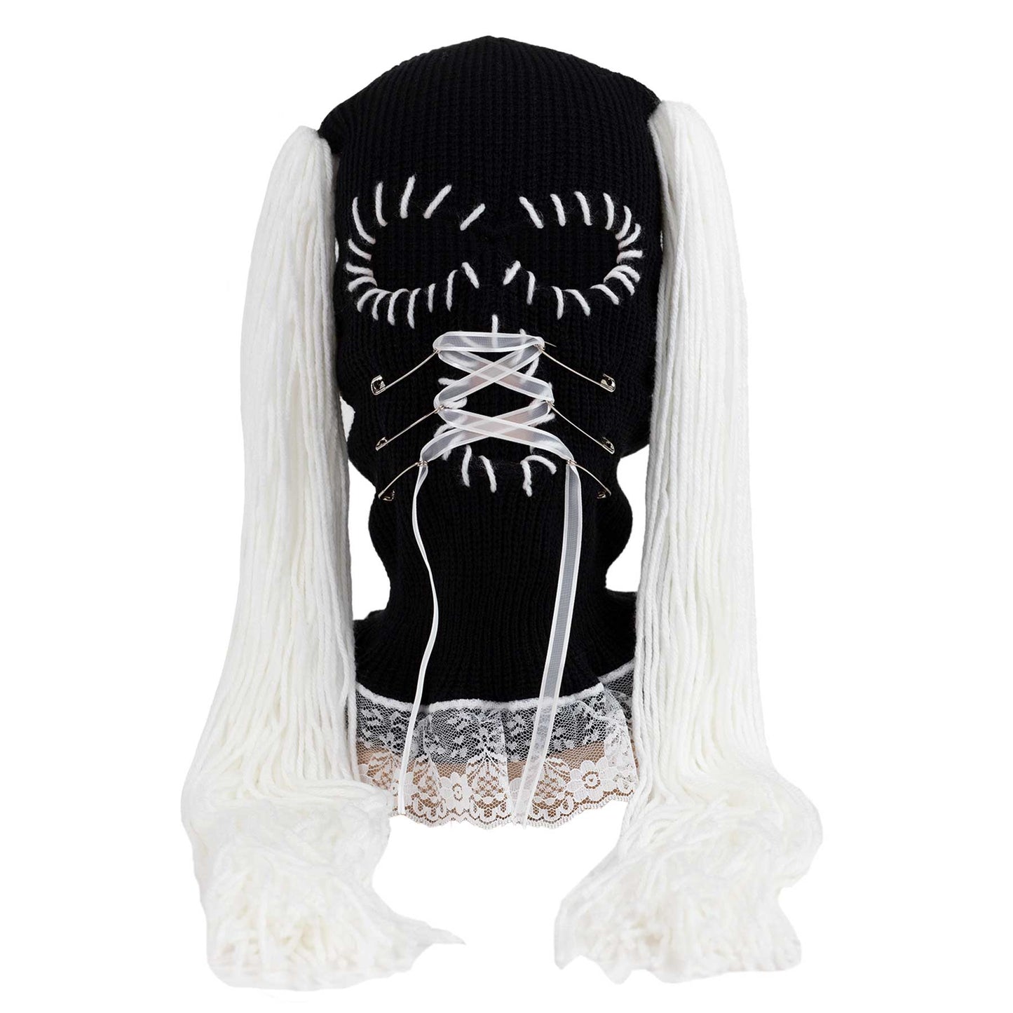 Black ski mask with white lace and white pigtail extensions