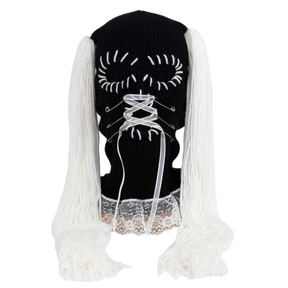 Black ski mask with white lace and white pigtail extensions