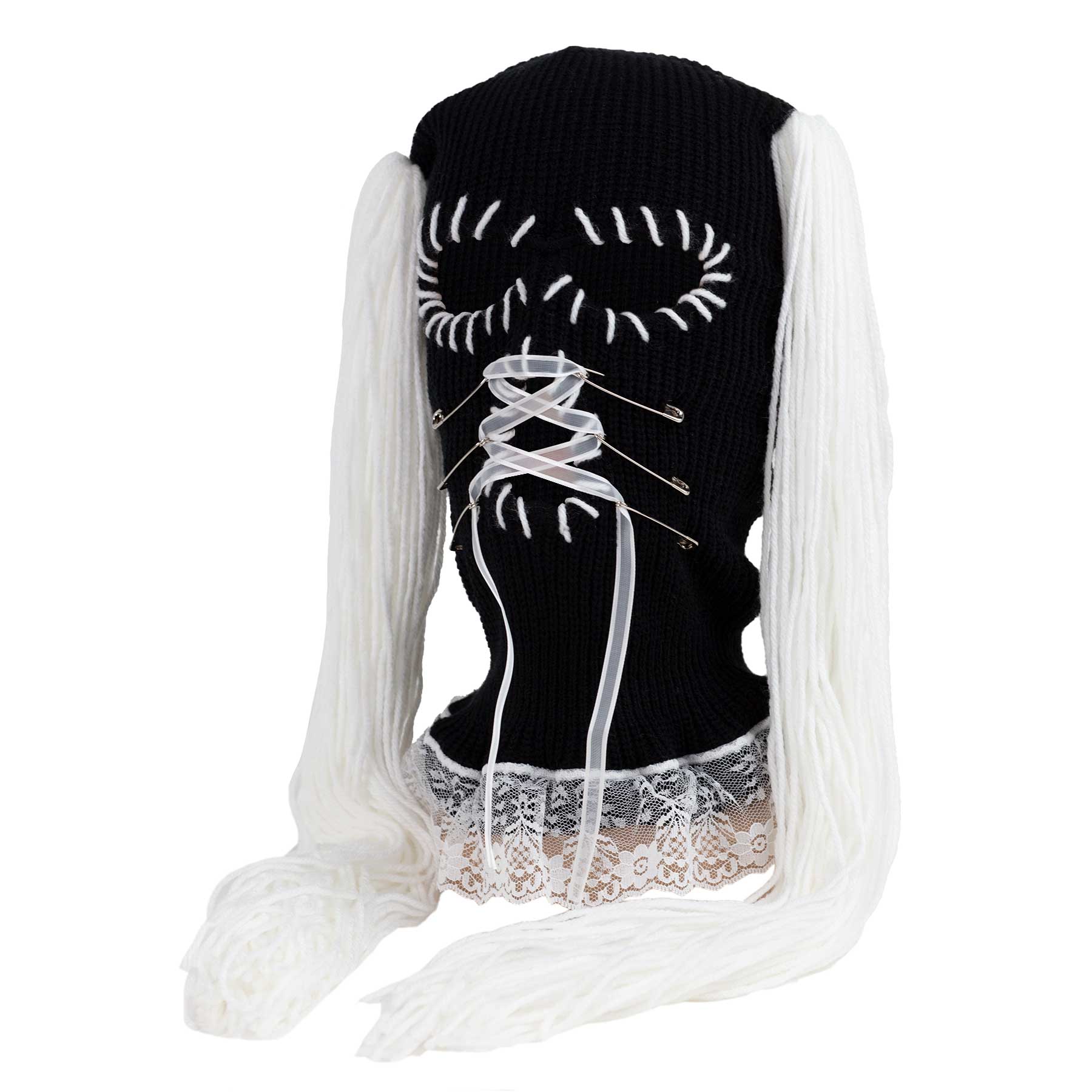 Black 3 hole ski mask with white pigtails and white lace details