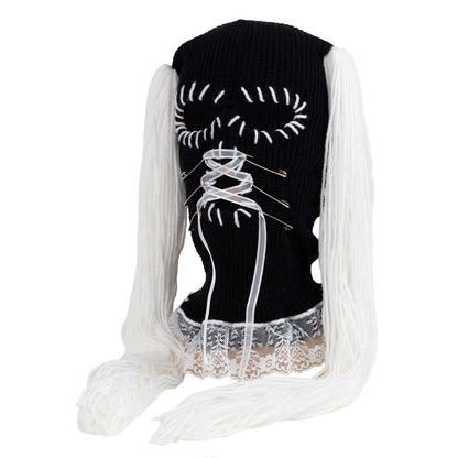 Black 3 hole ski mask with white pigtails and white lace details