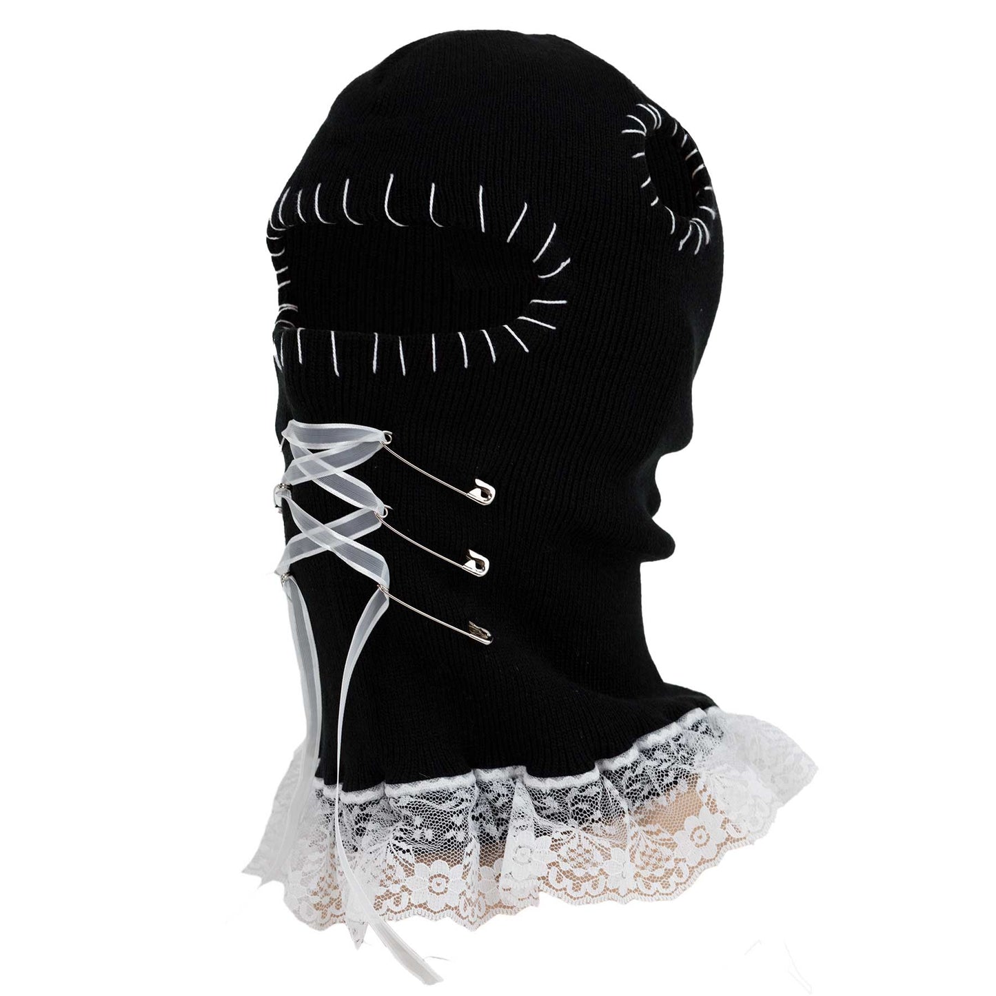 Black ski mask with white lace trim on a white background