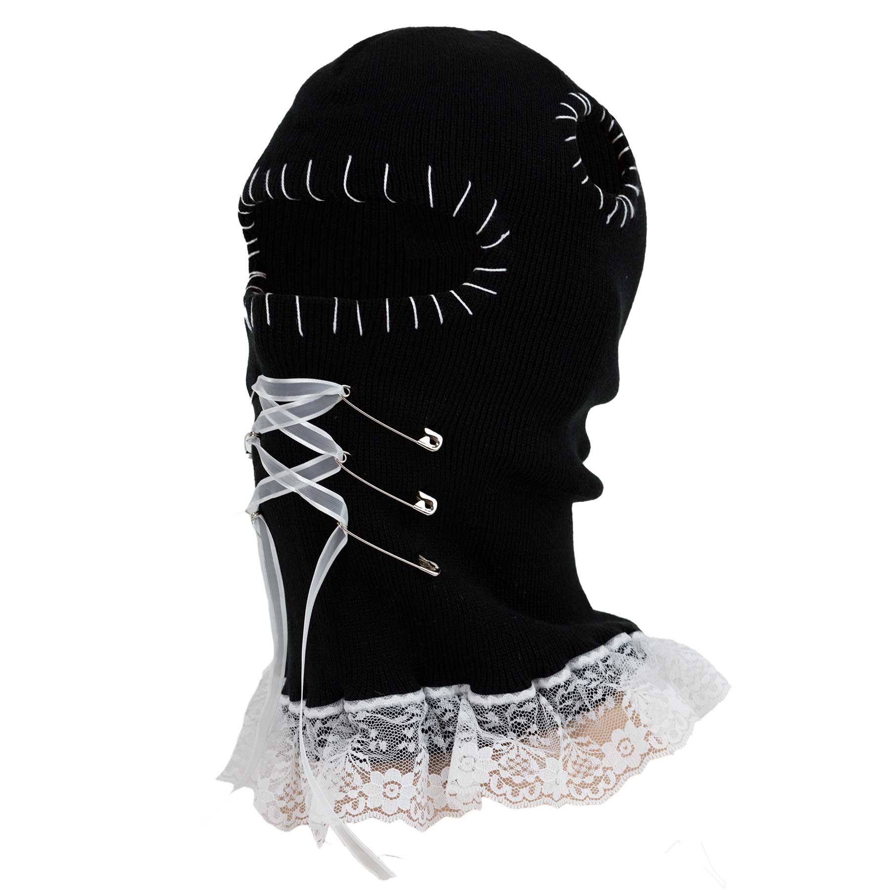 Black ski mask with white lace trim on a white background