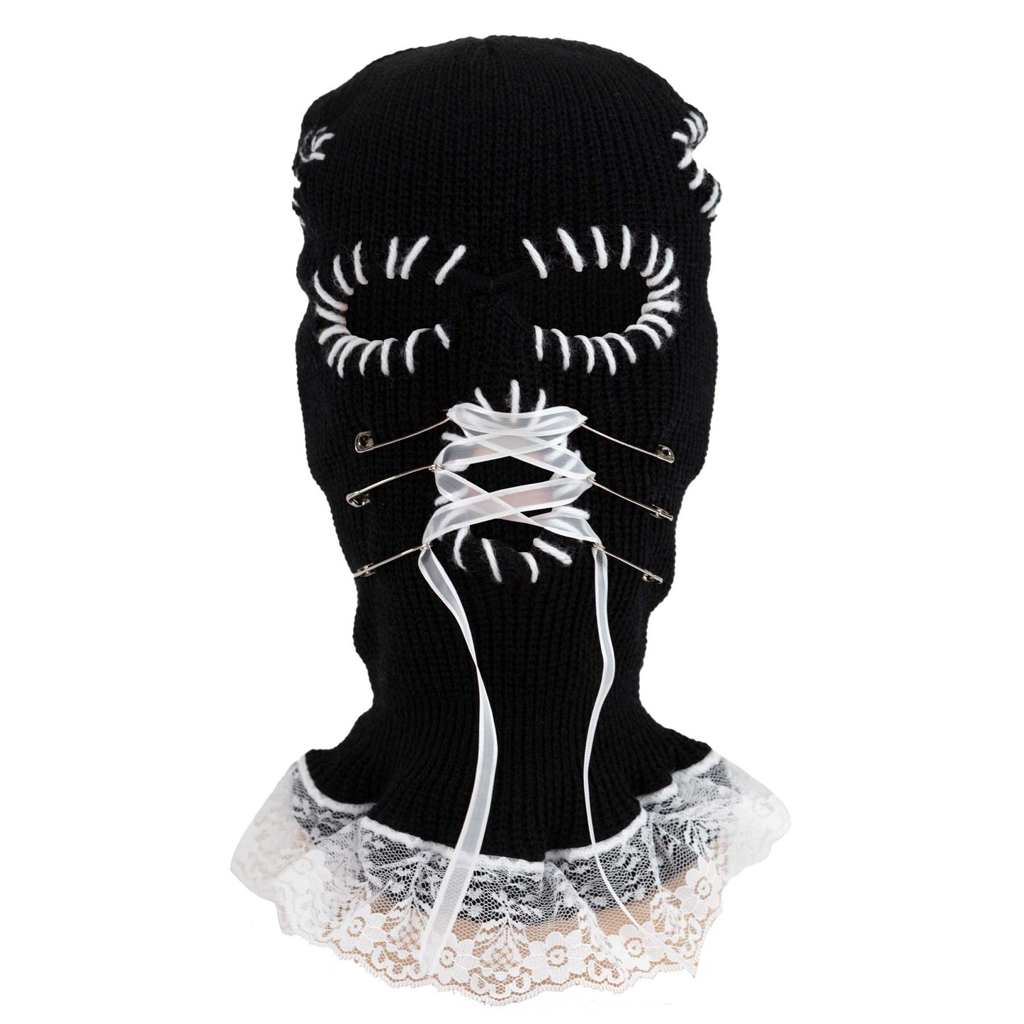 Black knit balaclava with white lace details on a white background