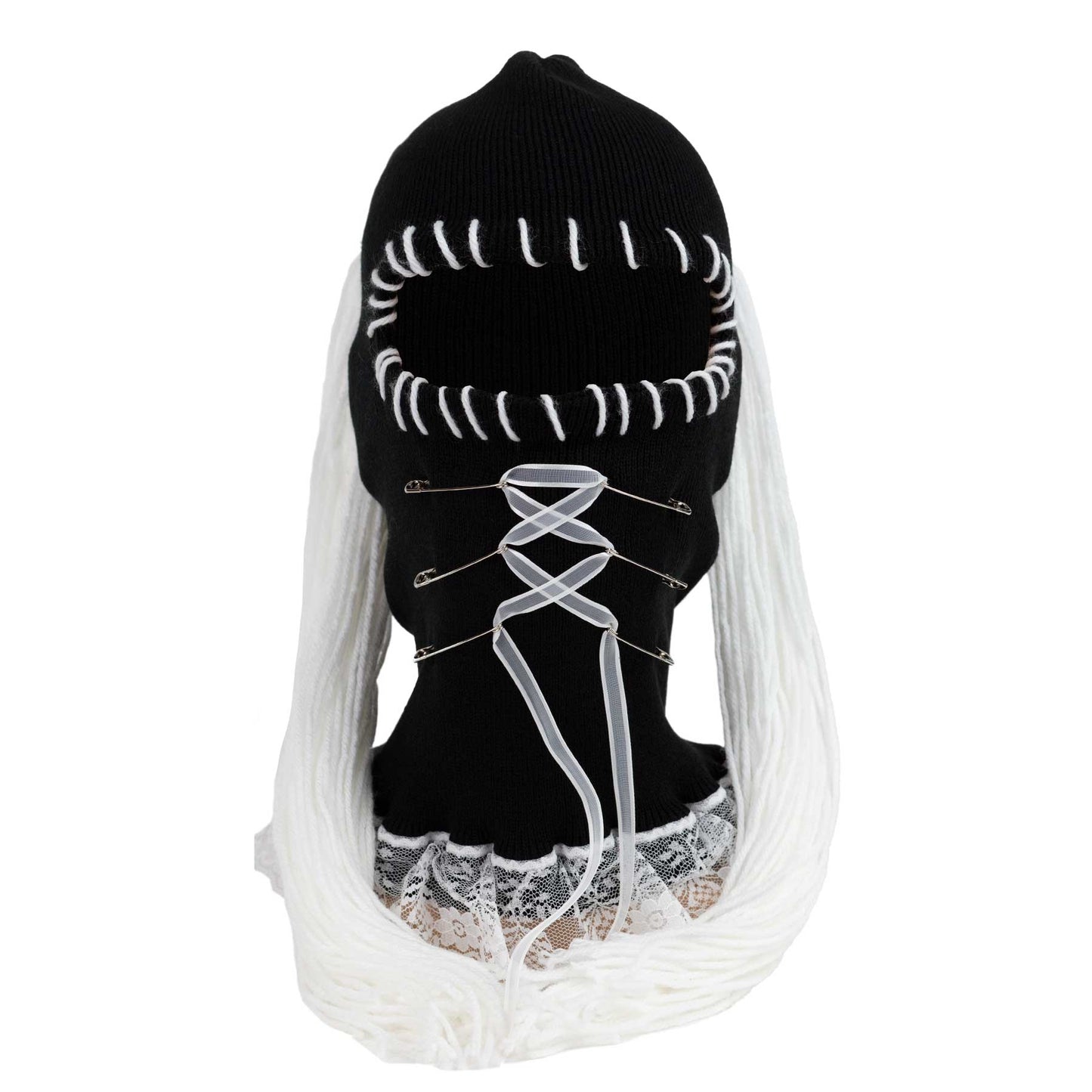 Black ski mask with ponytail yarn hair and lace up safety pin mouth
