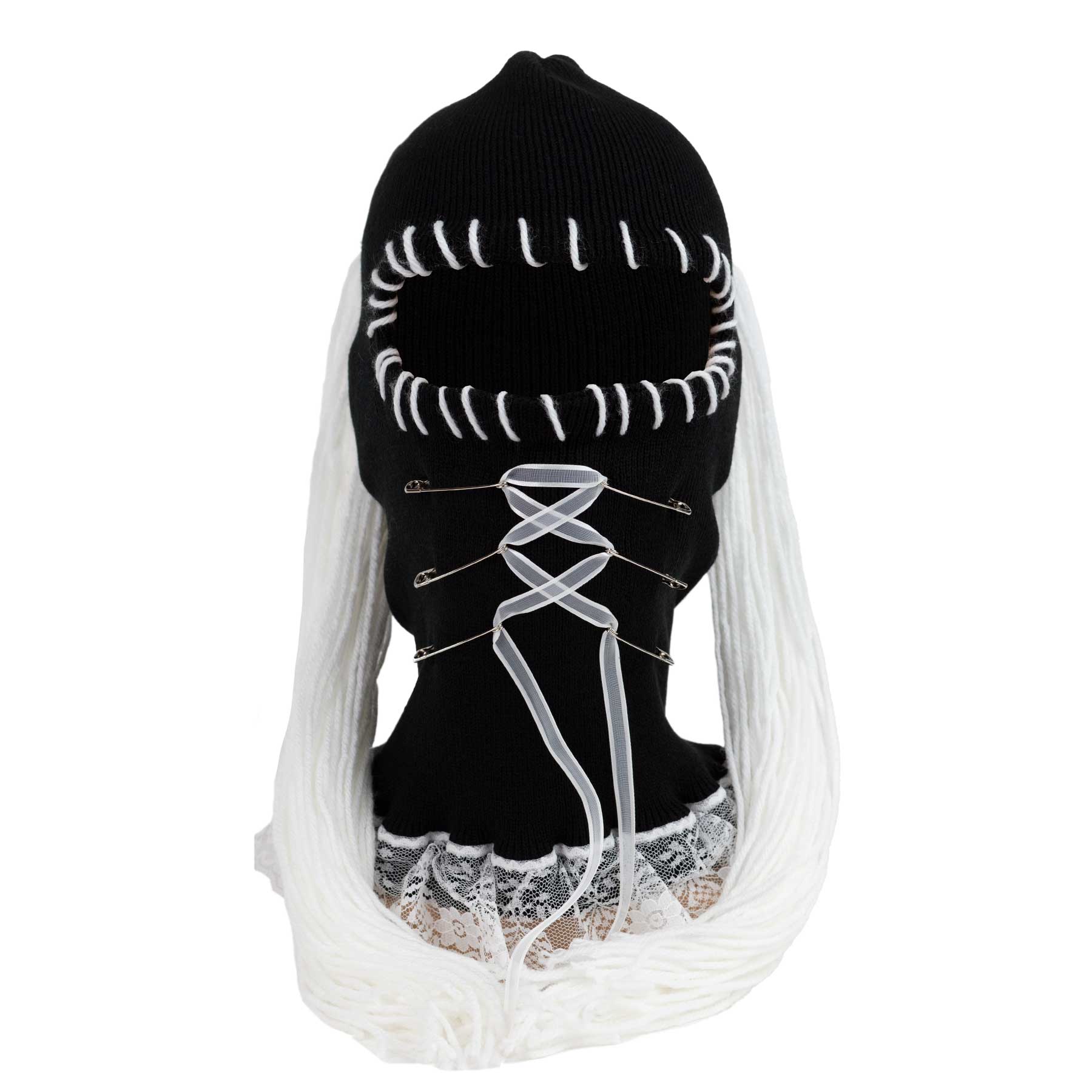 Black ski mask with ponytail yarn hair and lace up safety pin mouth