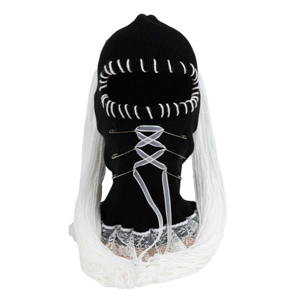 Black ski mask with ponytail yarn hair and lace up safety pin mouth