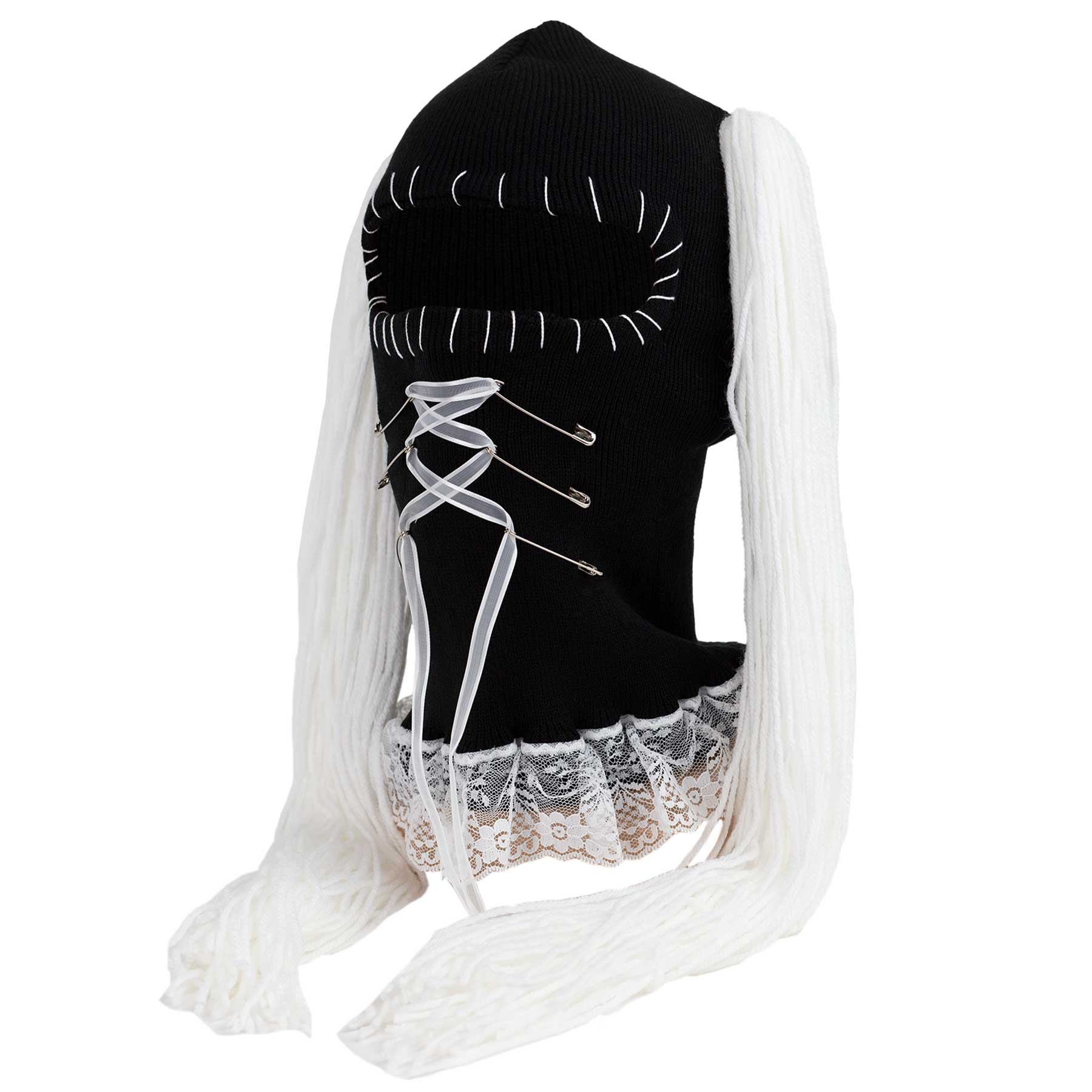 Black and white ski mask with lace details on a white background