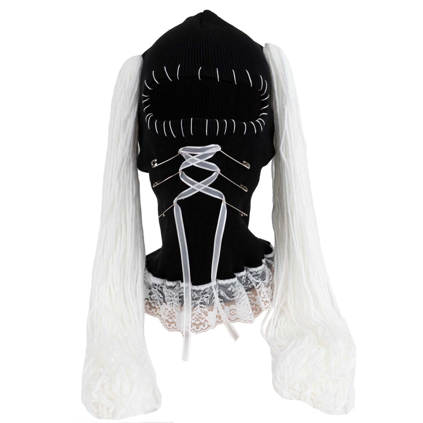 Black lace ski mask with white pigtails and white lace details