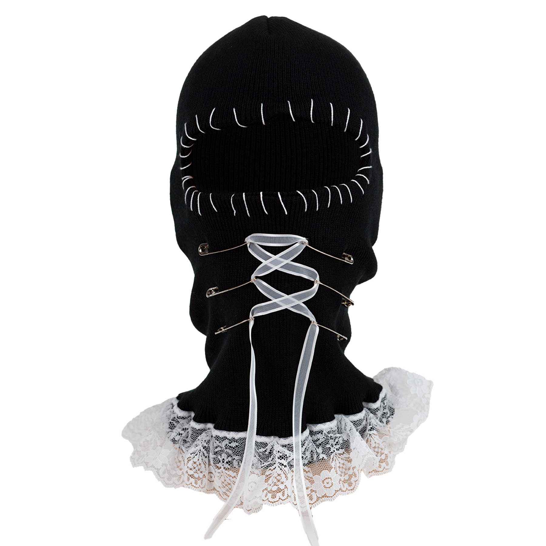 Black balaclava with white lace trim on a white background