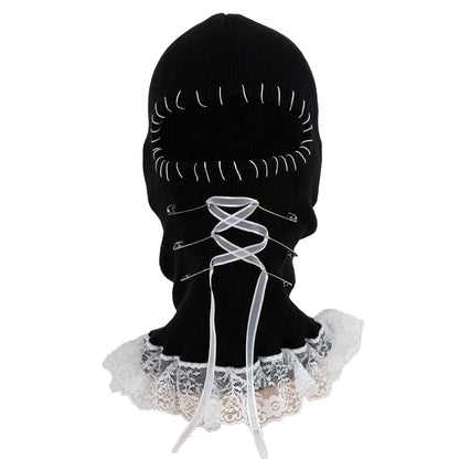 Black balaclava with white lace trim on a white background