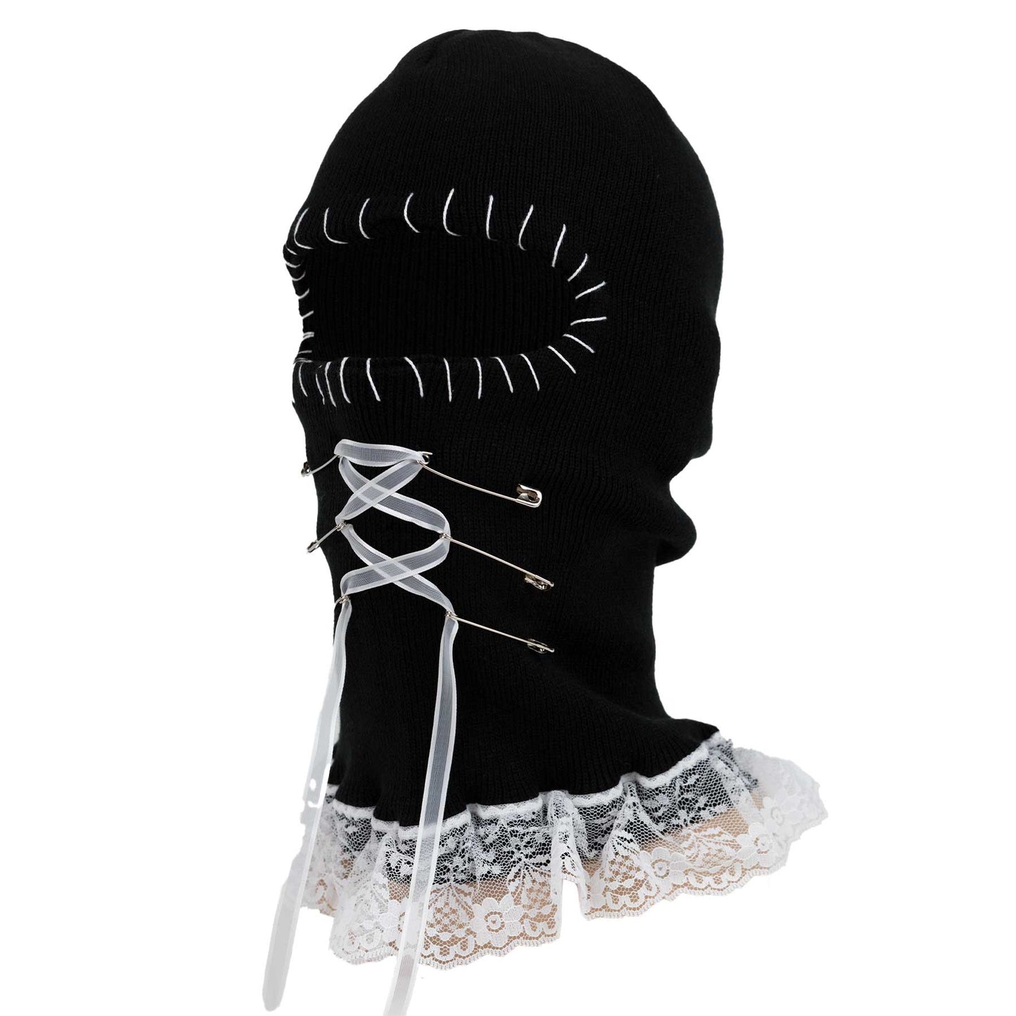 Black balaclava with lace trim on a white background