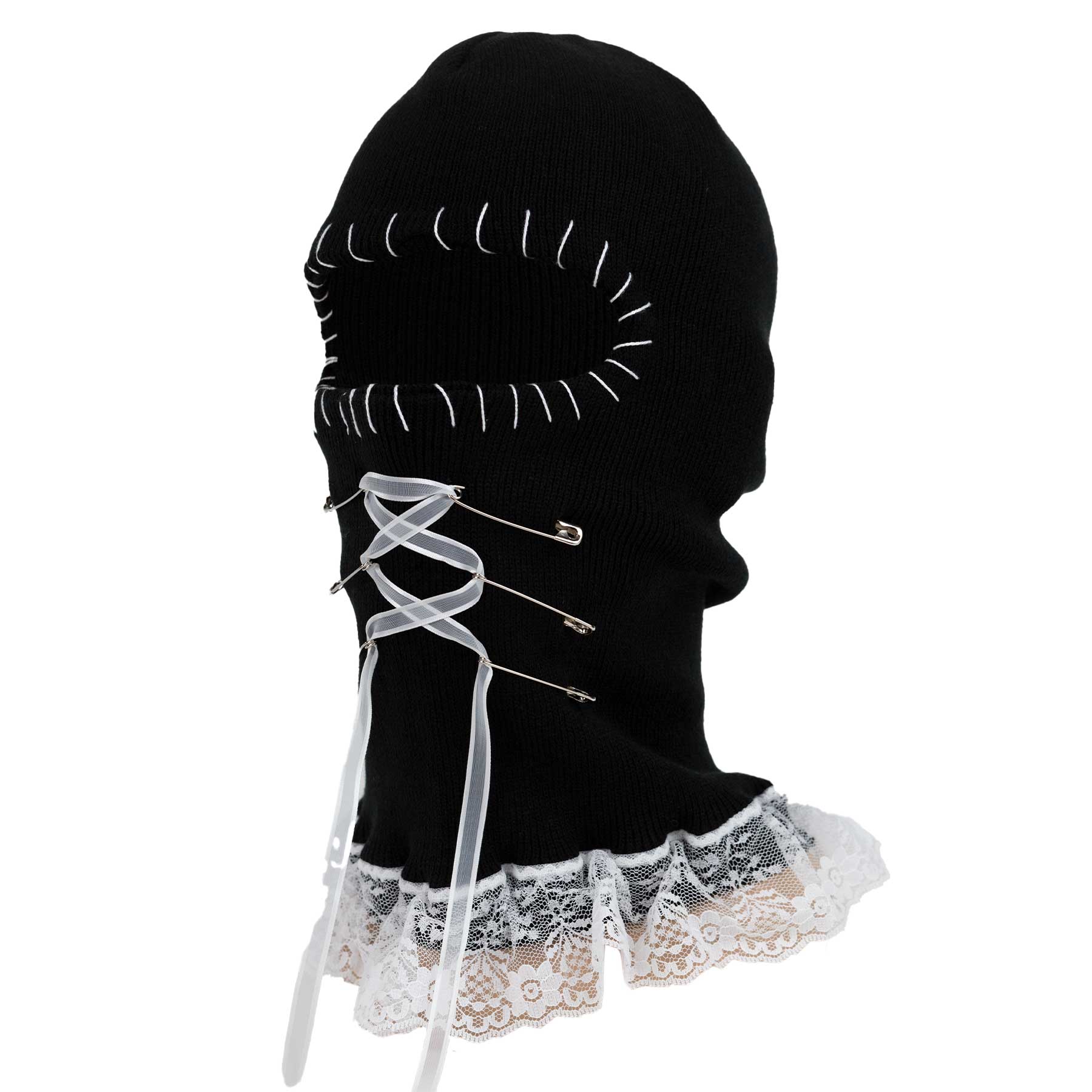 Black balaclava with lace trim on a white background