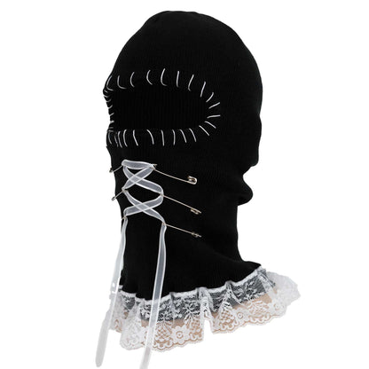 Black balaclava with lace trim on a white background
