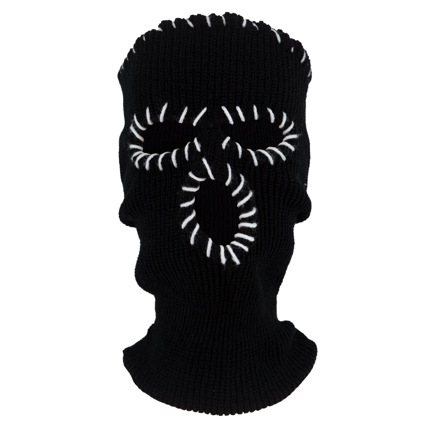 Black knit balaclava with white spiral design on a white background