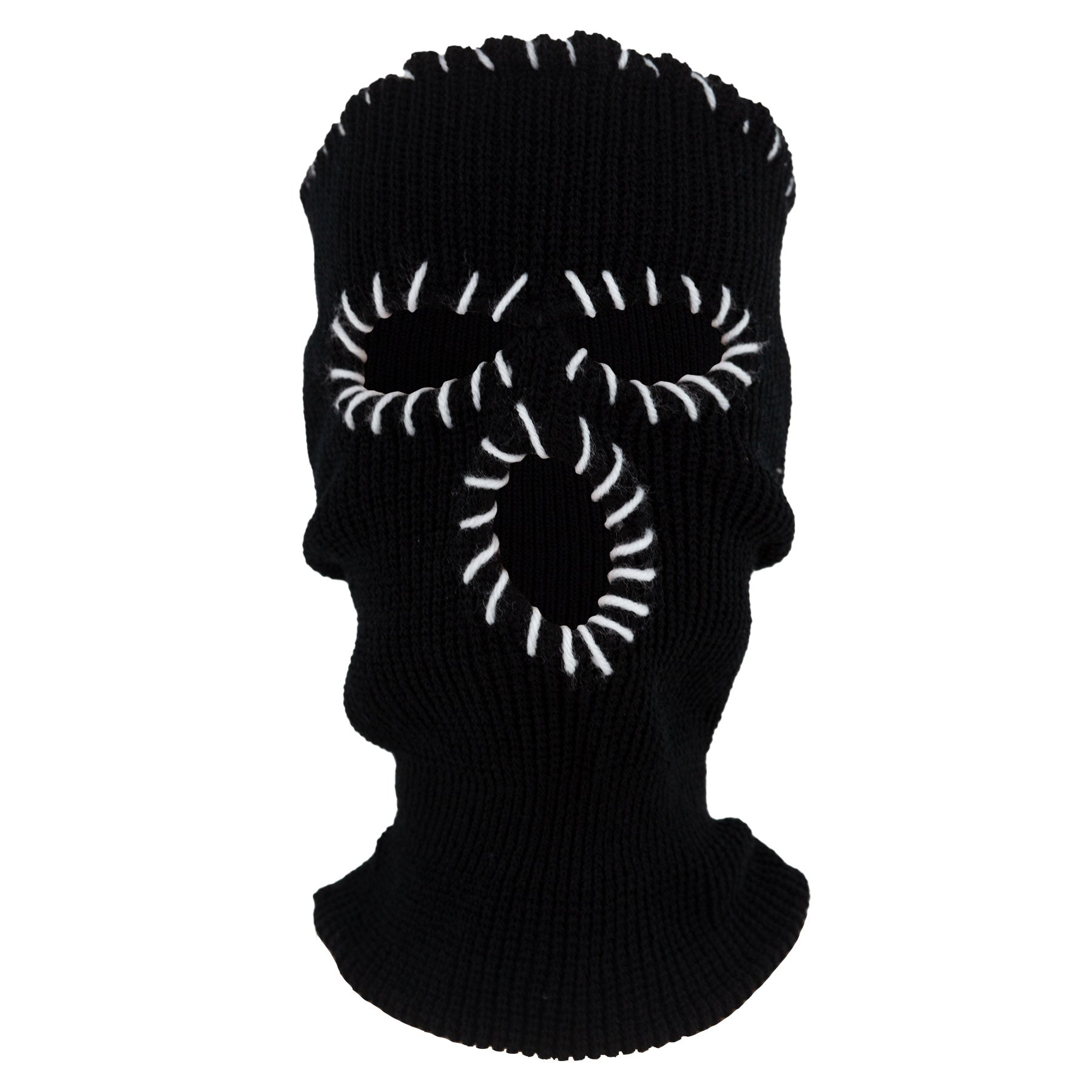 Black knit balaclava with white spiral design on a white background