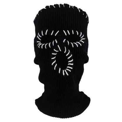 Black knit balaclava with white spiral design on a white background