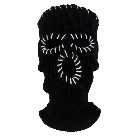 Black knit balaclava with white spiral design on a white background