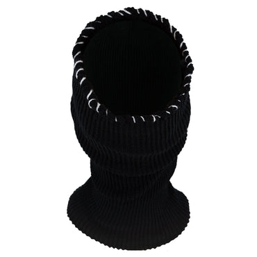 Black knit balaclava with white trim on a white background