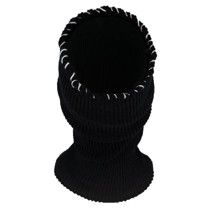 Black knit balaclava with white trim on a white background
