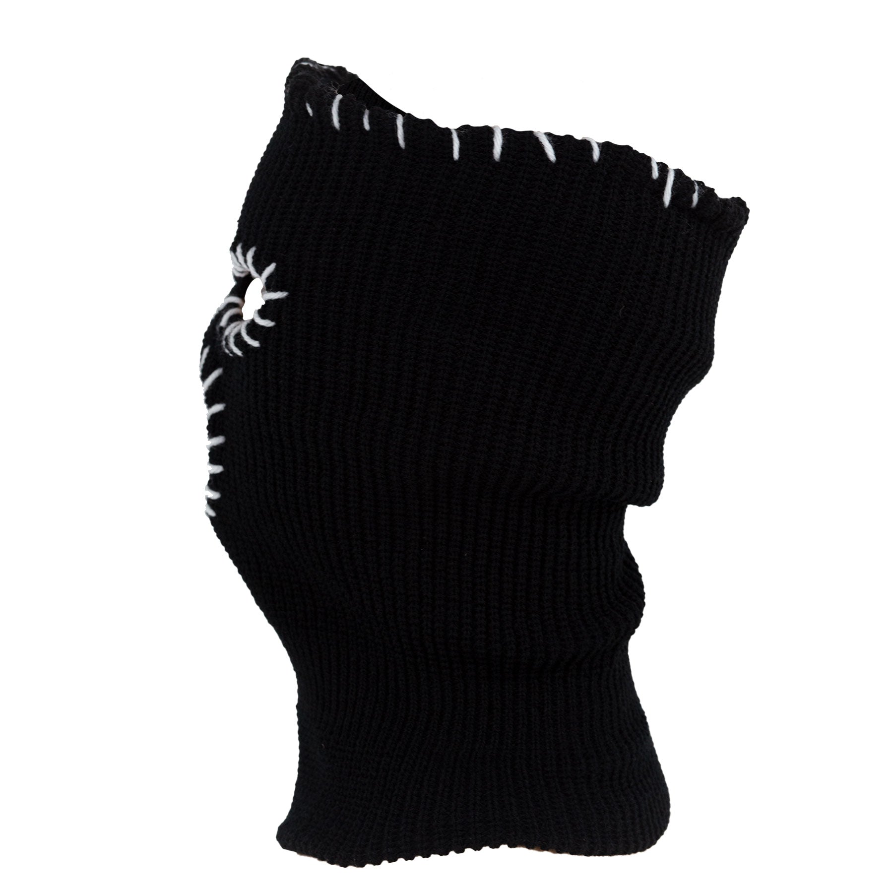 Black knit fingerless glove with white spider design on a white background
