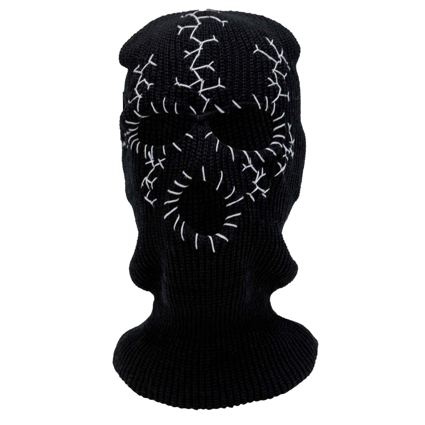 Black knit balaclava with white stitching on a white background