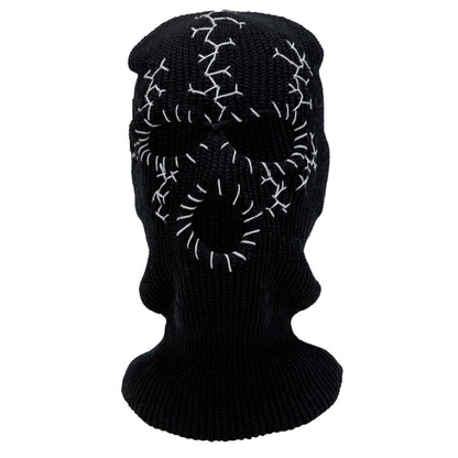 Black knit balaclava with white stitching on a white background