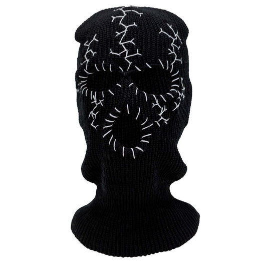 Black knit balaclava with white stitching on a white background