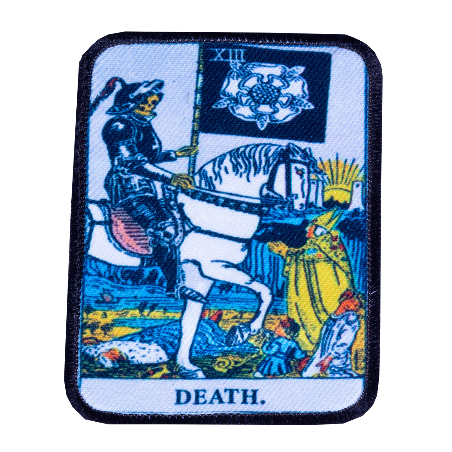 Embroidered patch of the 'Death' card from a tarot deck on a white background