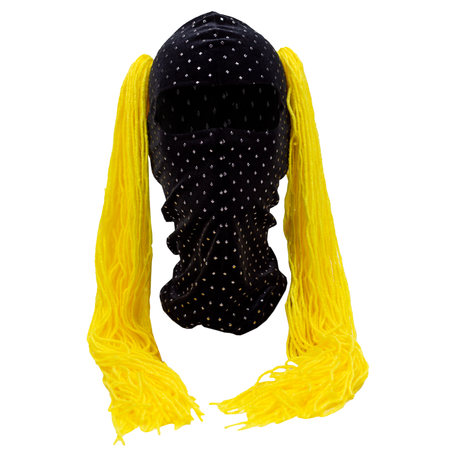 Black wig with yellow pigtails on a mannequin head against a white background