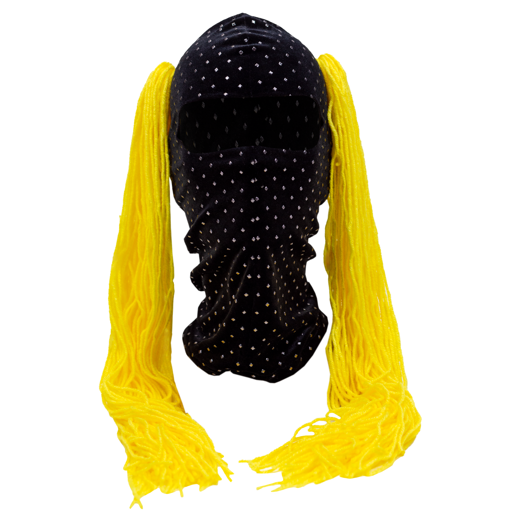 Black wig with yellow pigtails on a mannequin head against a white background