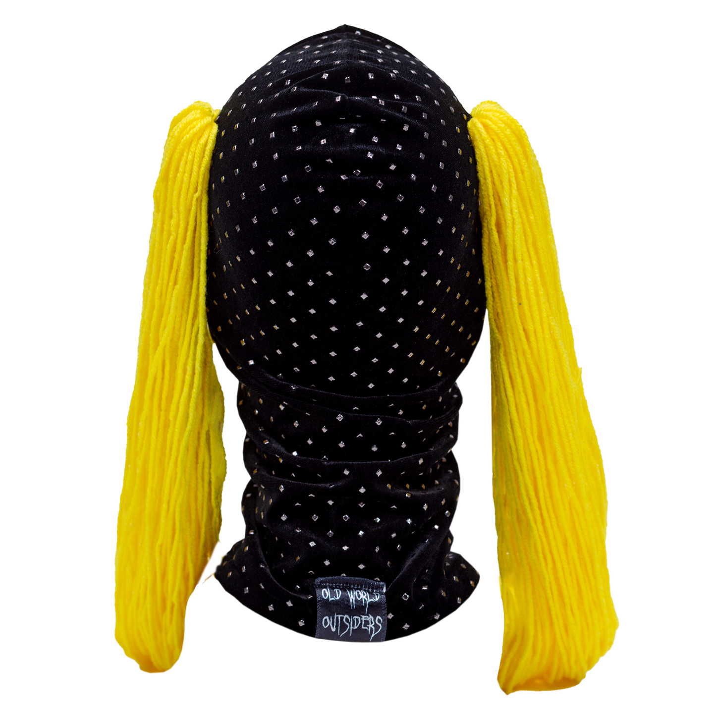 Black polka dot headband with yellow pigtails on a white background