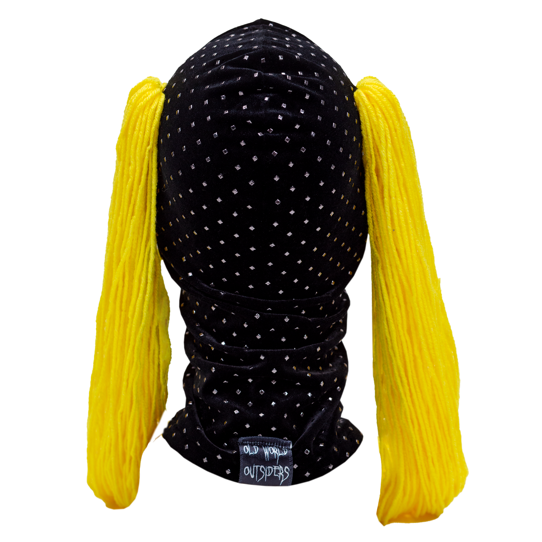 Black polka dot headband with yellow pigtails on a white background