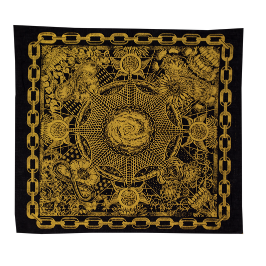 Black and gold tapestry bandana with geometric and celestial design