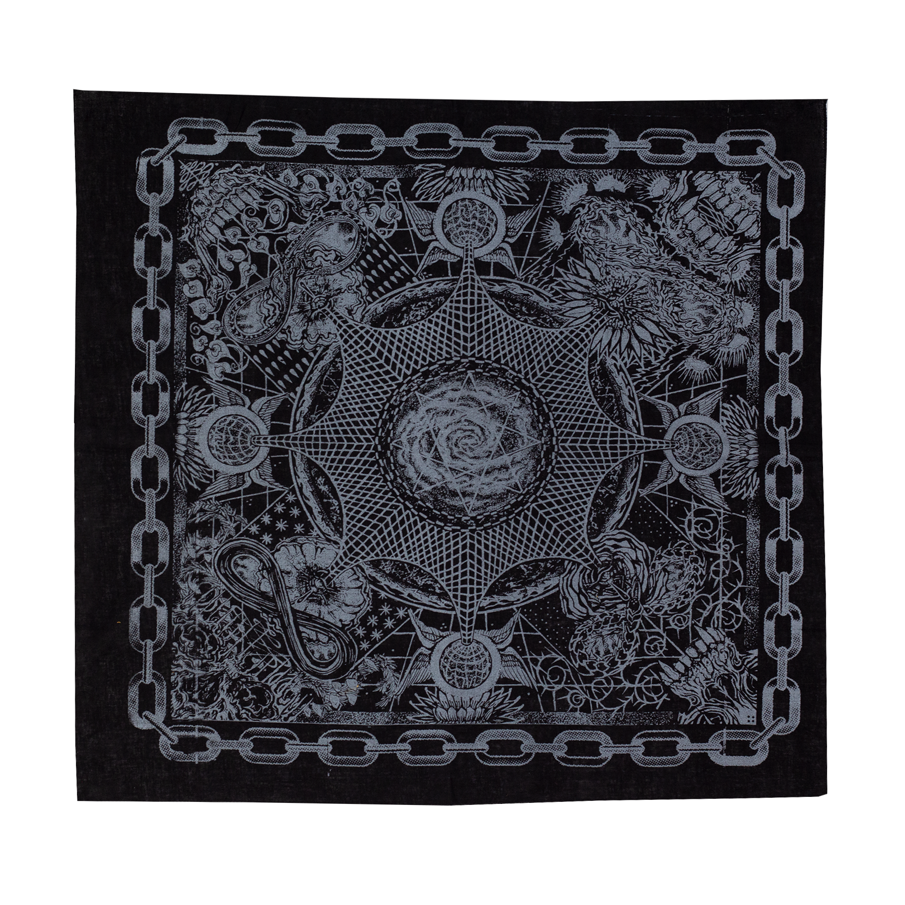 Black bandana with intricate white designs and chain border on a white background