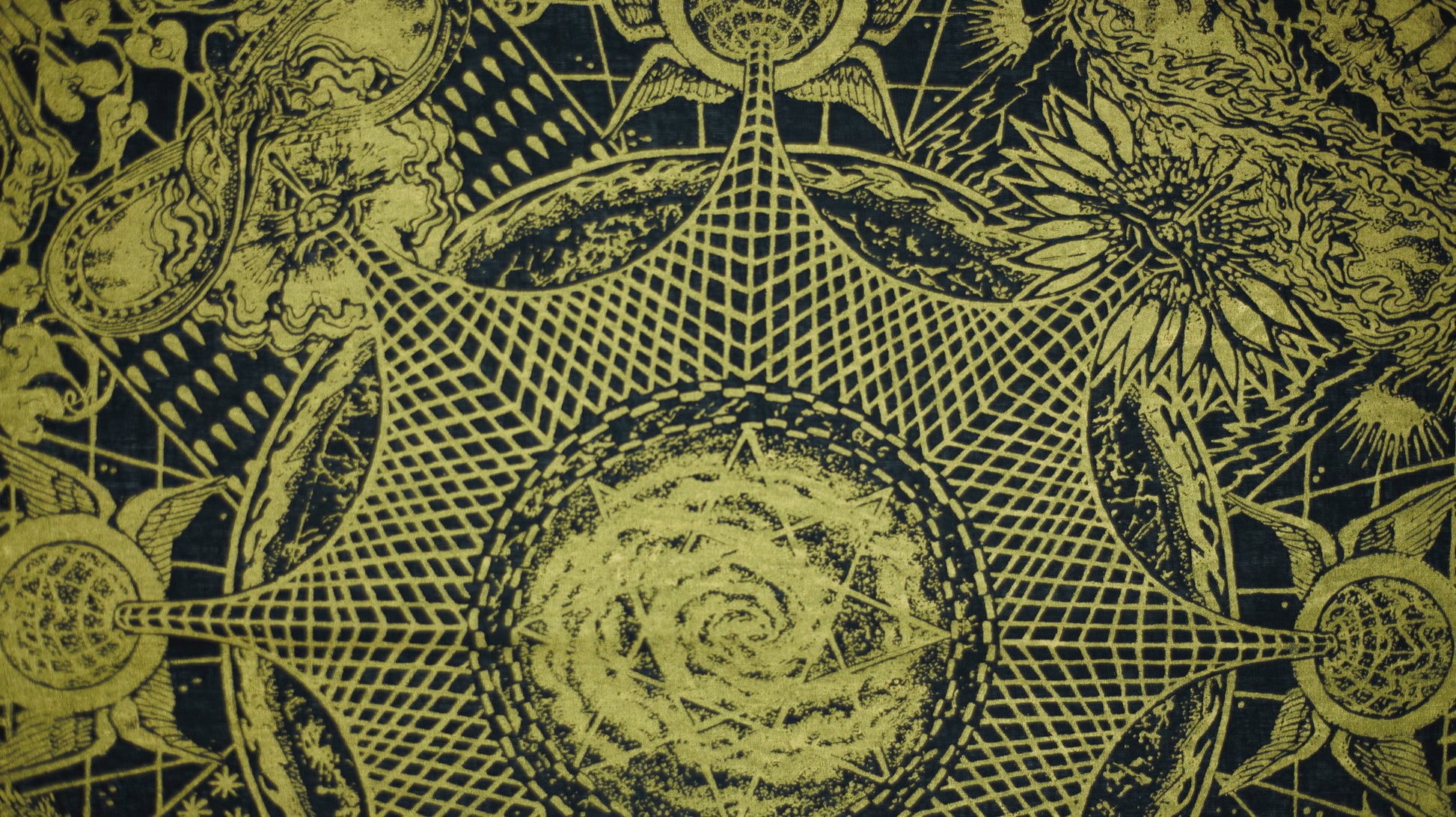 Decorative pattern with geometric shapes and celestial elements on a dark background