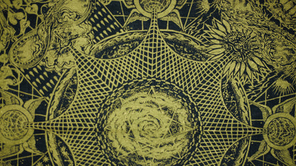 Decorative pattern with geometric shapes and celestial elements on a dark background