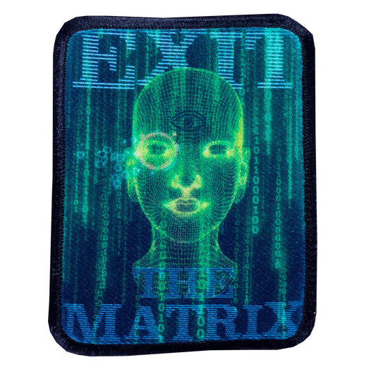 Patch with 'The Matrix' design featuring a wireframe head and binary code on a blue background.