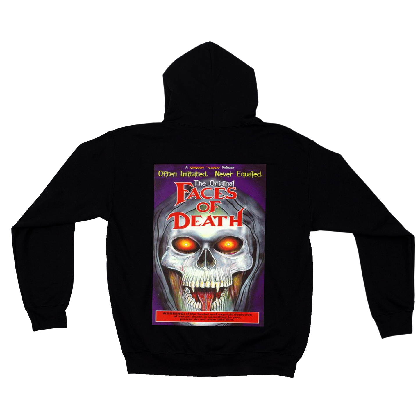 Black hoodie with 'Faces of Death' graphic on the back