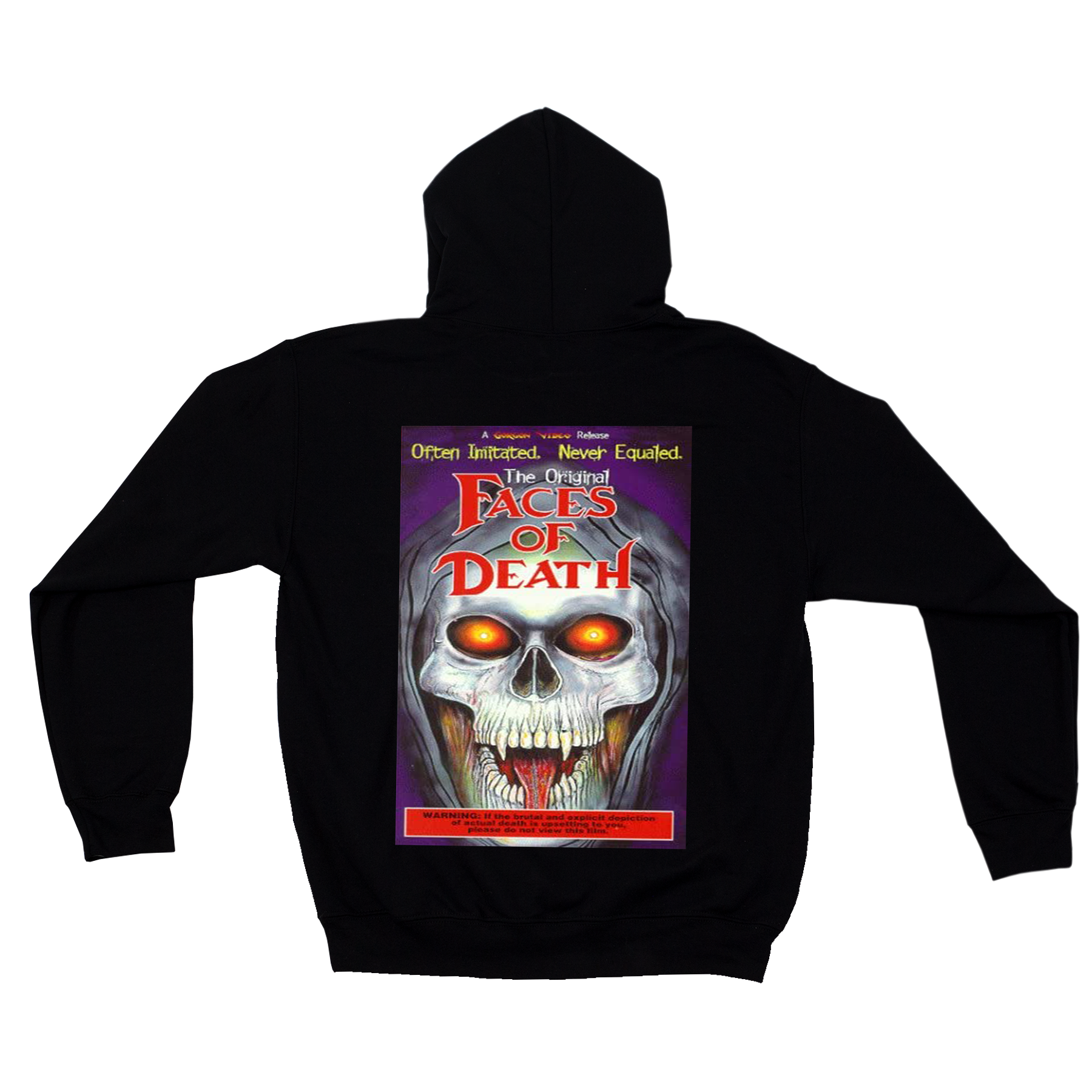 Black hoodie with 'Faces of Death' graphic on the back