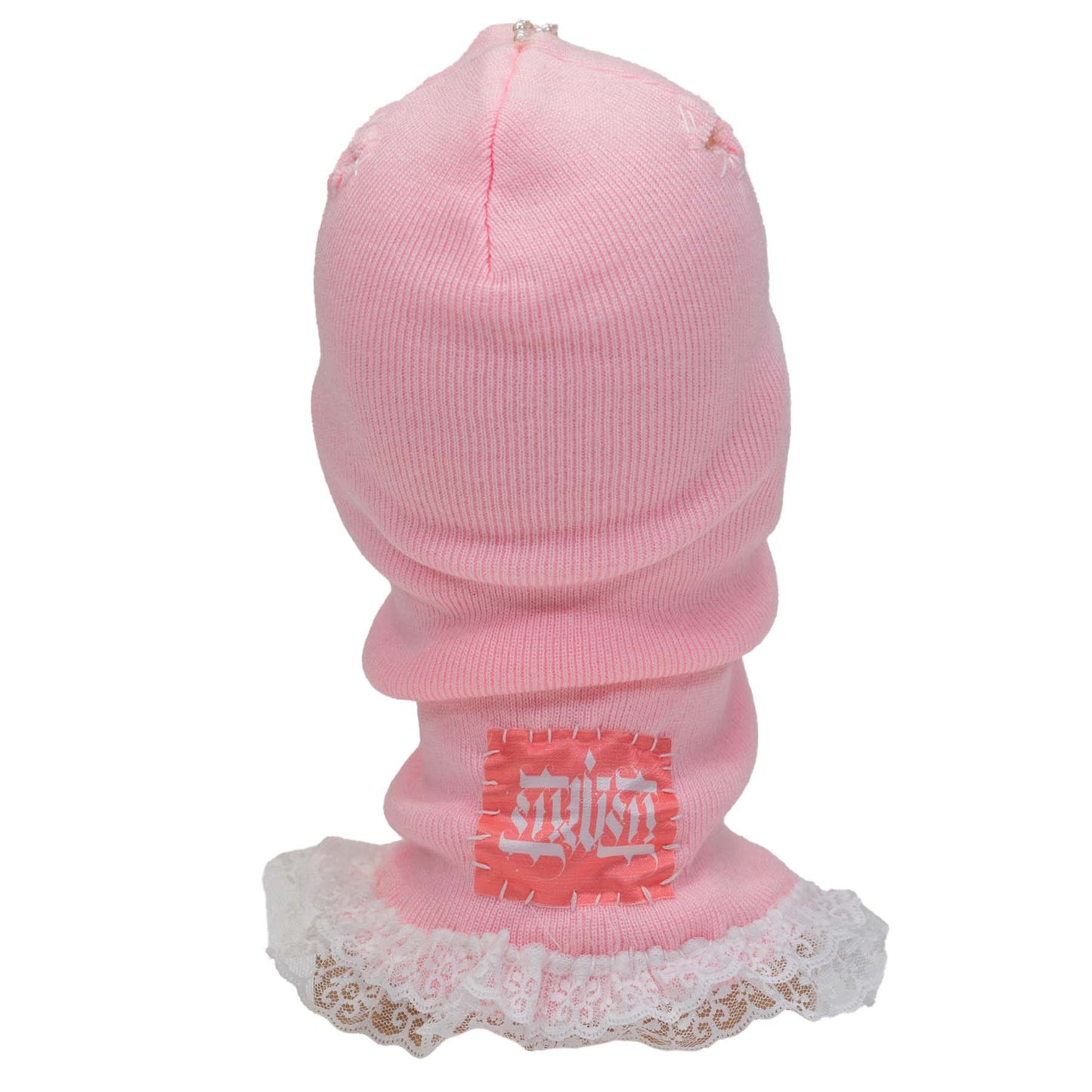 Pink ski mask balaclava with a hood and lace trim on a white background