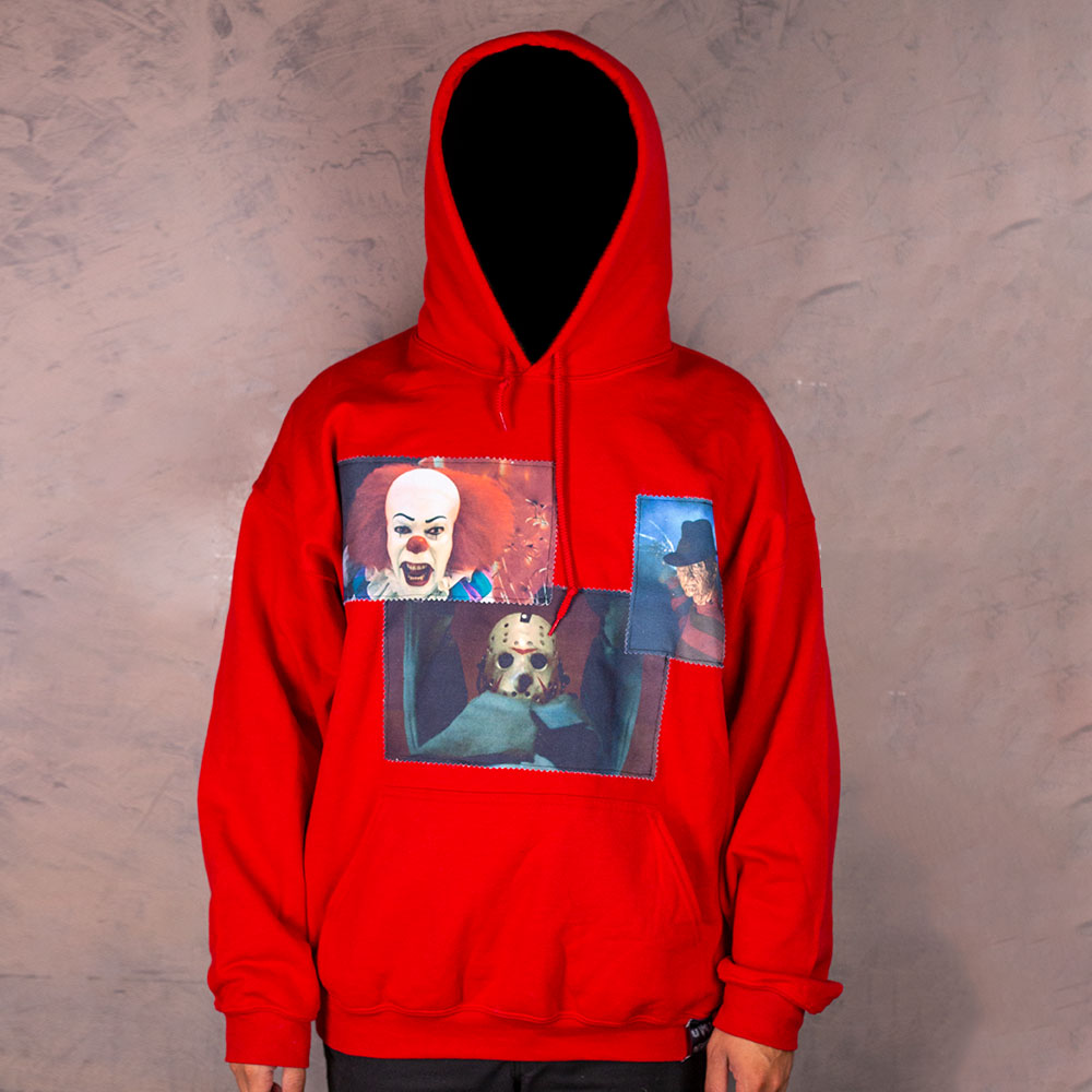 Red hoodie with Freddy, Jason, and It patches. Halloween horror them sweatshirt