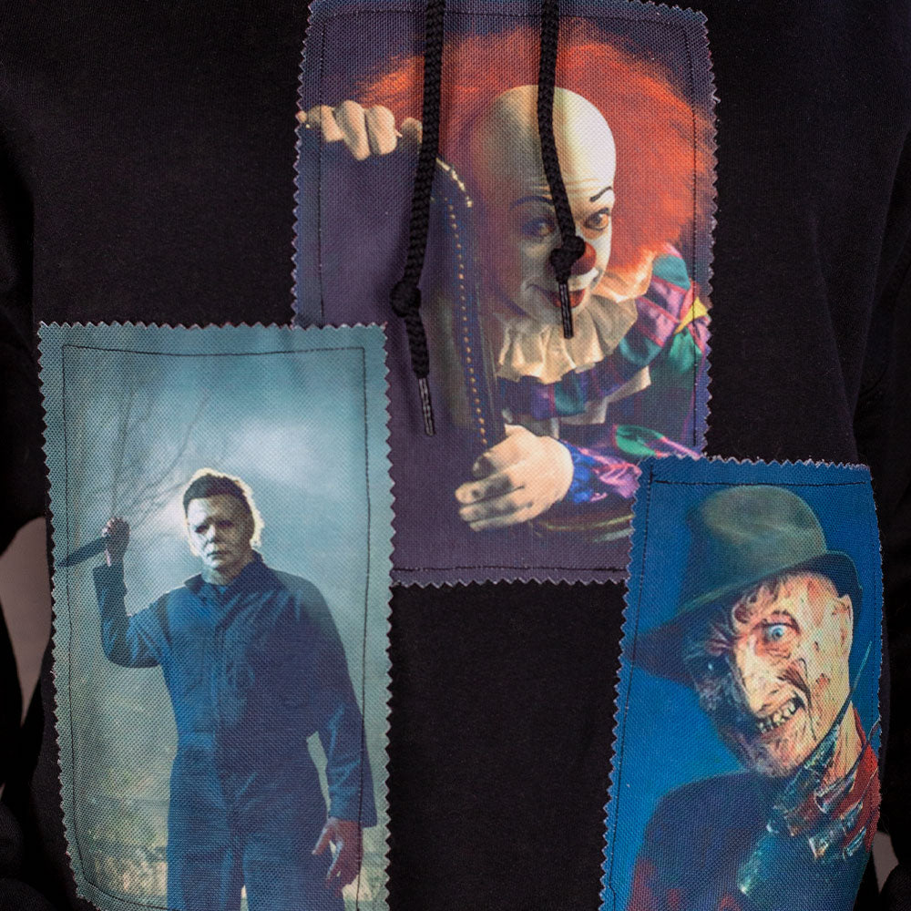 Freddy, Jason, It Patches on horror movie theme black hooodie